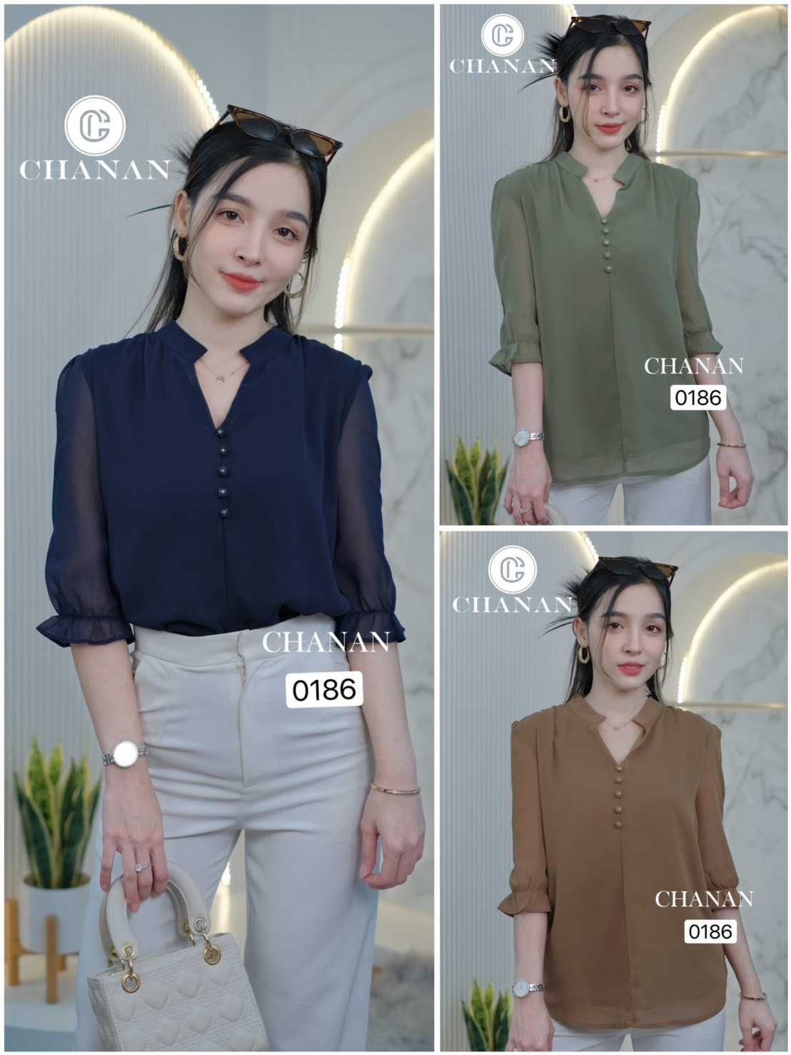 0186 เสื้อชีฟองเนื้อทราย  คอจีน แขนจั๊มระบาย มี3สี