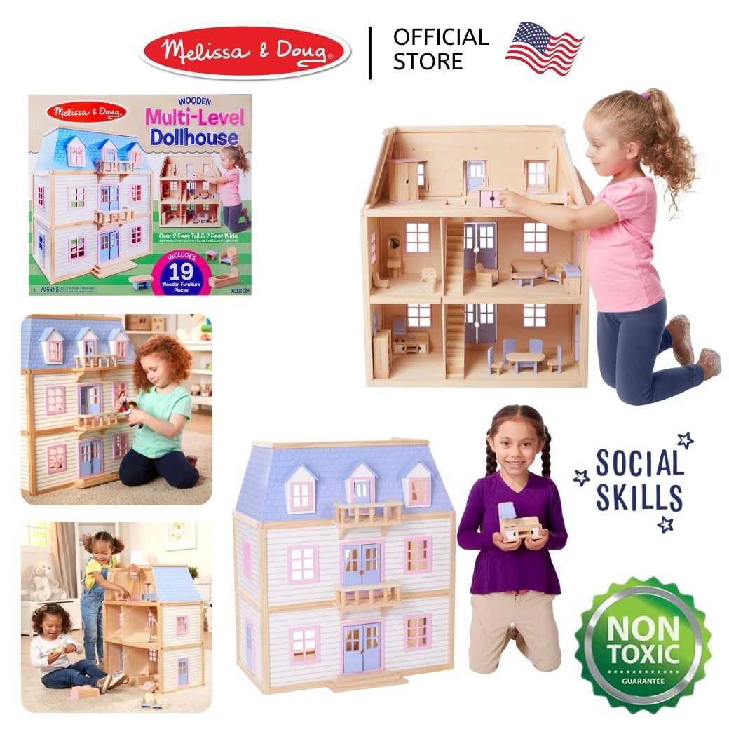 (ของแท้ USA) ของเล่นบ้านตุ๊กตาขนาดใหญ่ + เฟอร์19ชิ้น (71x61x40cm) Multi-Level Wooden Dollhouse 4588