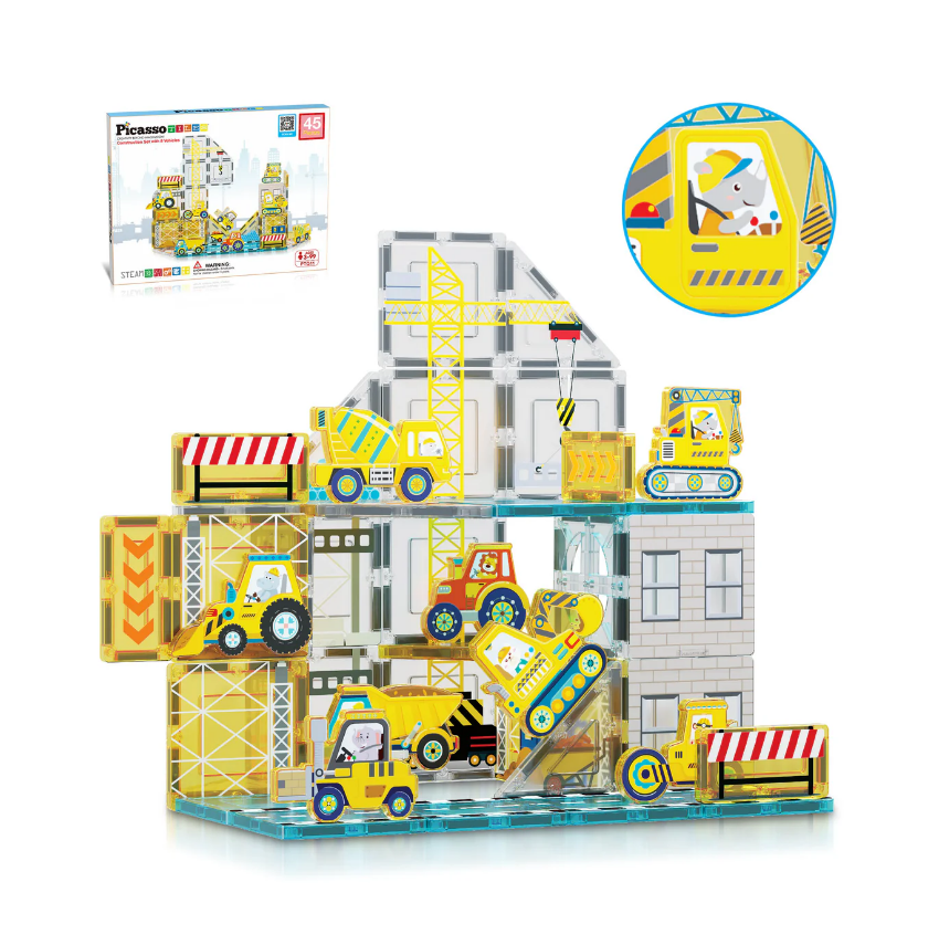 PicassoTiles 45 Pc Construction Adventure Magnet Tile Set with Action Figures