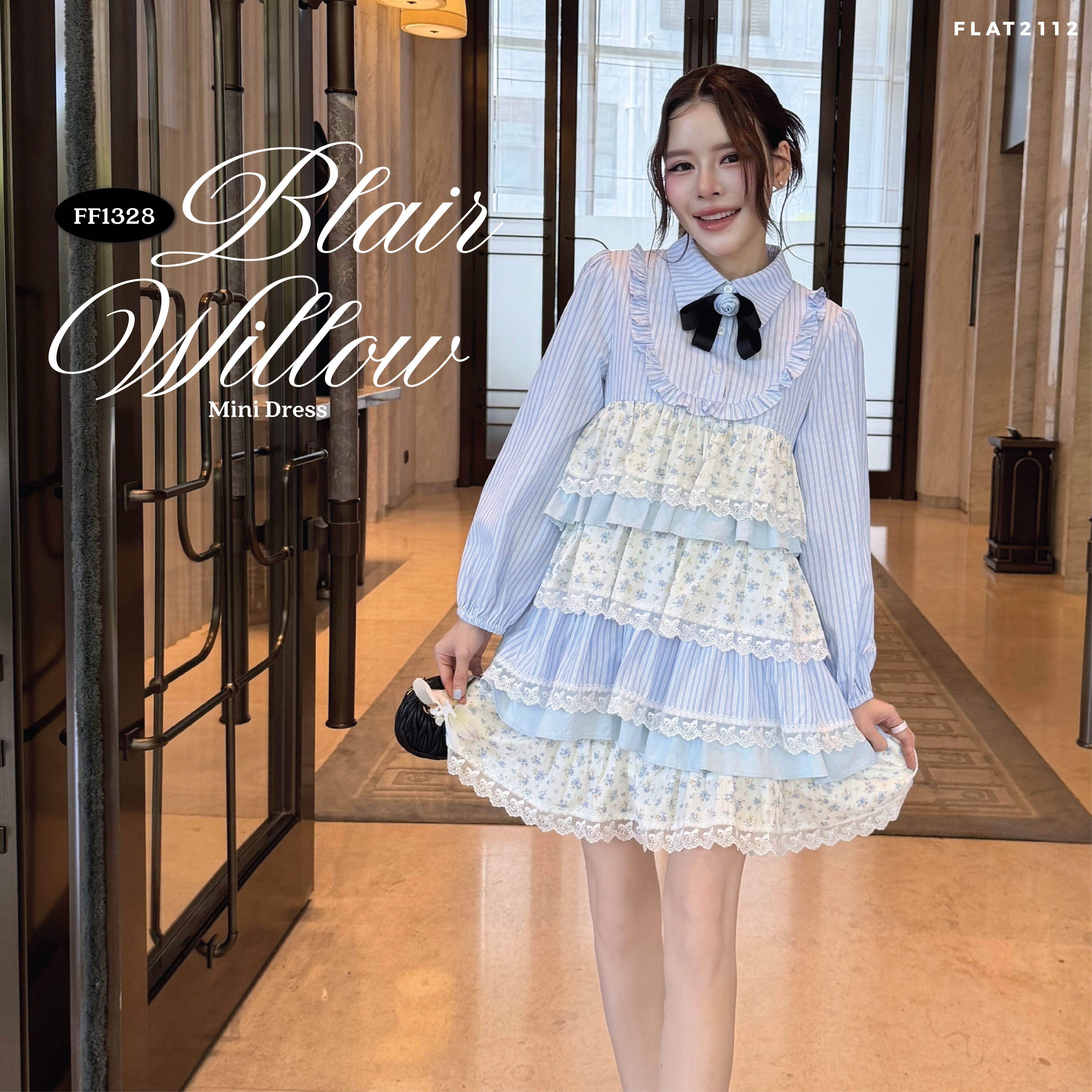FLAT2112 : BLAIR WILLOW MINI DRESS เดรสสั้นสีฟ้าพาสเทล ลายทางฟ้า เดรสสไตล์เกาหลีหวาน (FF1328)