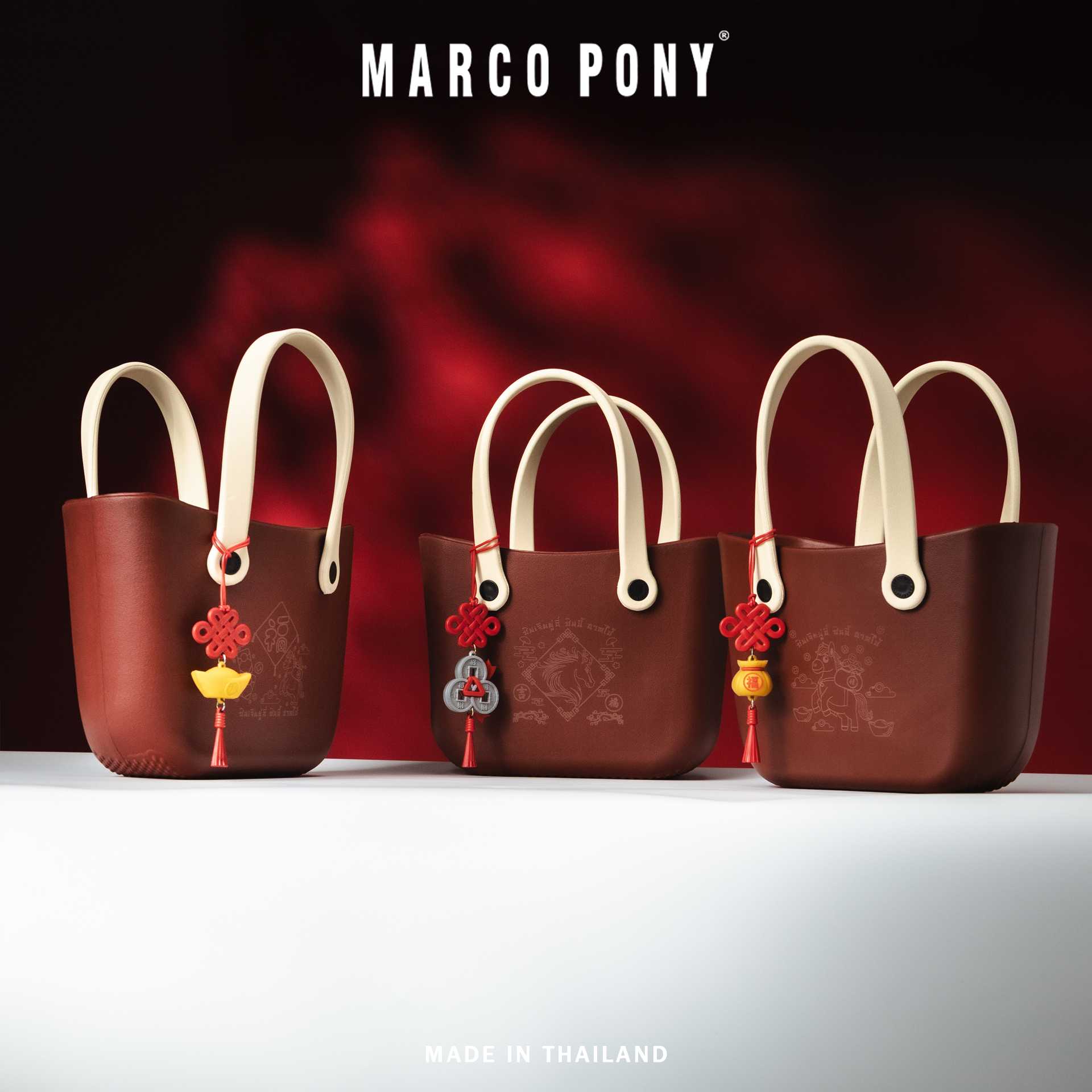 Marco Pony  รุ่น BP1002CNY กระเป๋าถือสีแดง สไตล์จีนพร้อมพู่ห้อยสิริมงคล ขนาด 20x27 ซม.