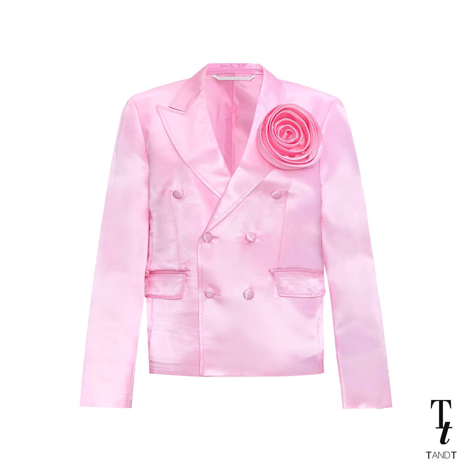 TandT - SHELTON PINK BLAZER - ROSE HAND-CRAFTED PIN DOUBLE BREASTED SATIN BLAZER