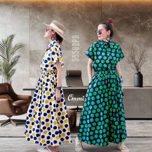 Ommishop 55569PD ชุดเซ็ท เสื้อคอปกแขนสั้น และกระโปรงยาว ลายโปกาดอท Cotton Japan 100% (Bonus)[55569]