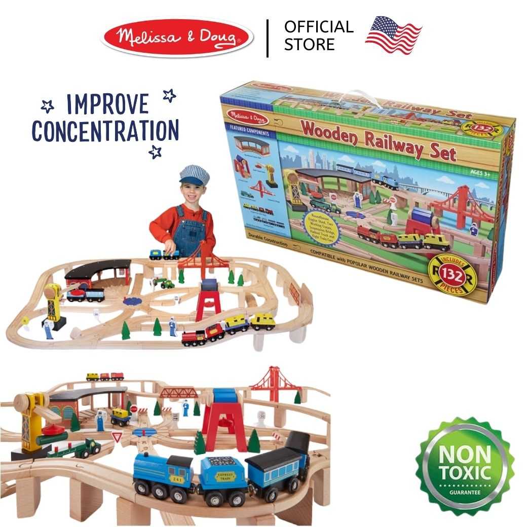 (ของแท้ USA)รถไฟขนาดใหญ่ 132 Pc.ชุดรางต่อรถไฟ 127x84 x45 cm. Wooden Railway Train Set 701