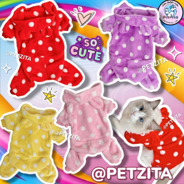 🇹🇭พร้อมส่ง🇹🇭 ♥️💜💛🩷 ชุดสวมสี่มีหมวกฮู้ด ลายจุดขาวผ้าขนปุยนิ่มน่ารัก เสื้อผ้าสัตว์เลี้ยง fo...
