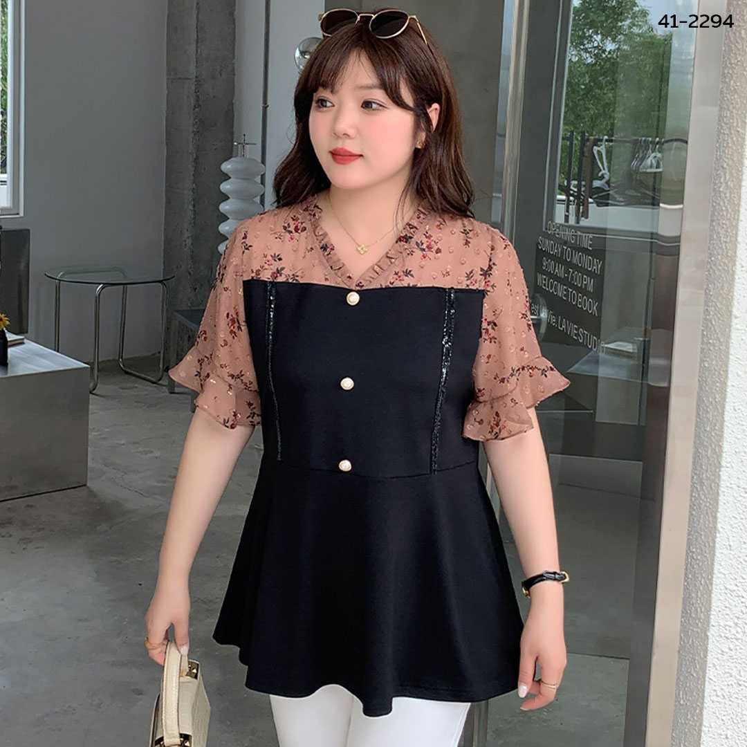 41-2294 เสื้อตัดต่อผ้าชีฟอง น้ำตาล/ดำ