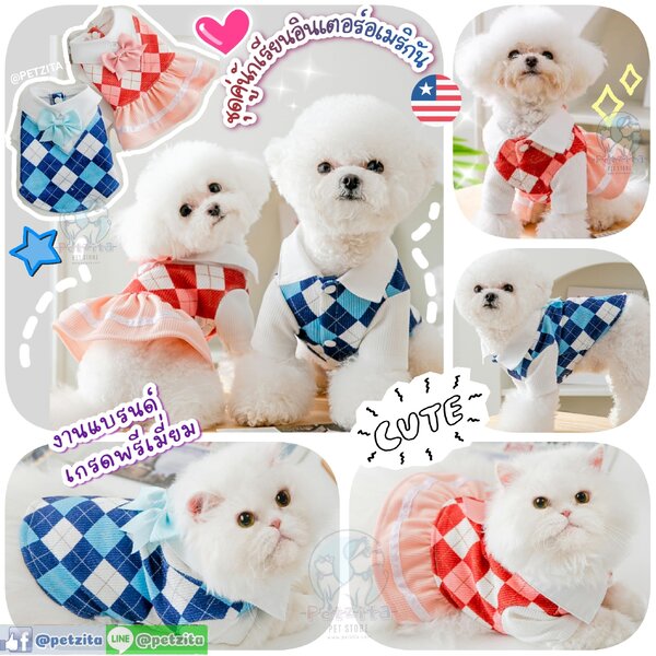 🇹🇭พร้อมส่ง🇹🇭💟💕🇺🇲 ชุดคู่นักเรียนอินเตอร์อเมริกัน ♥️ งานแบรนด์แท้ -for pet เสื้อสุนัข เสื้...