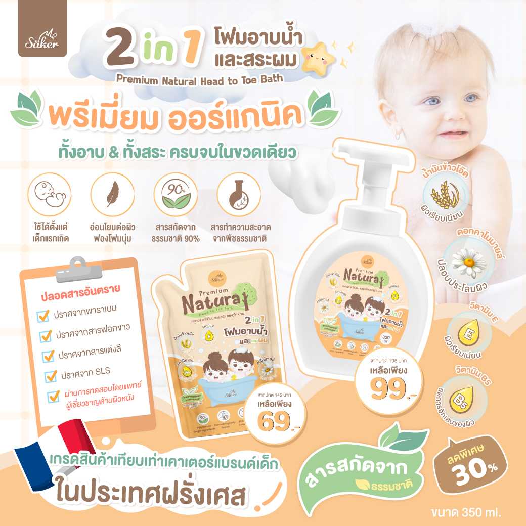 (เกรดแพทย์ผิวหนังรับรอง) โฟมอาบน้ำสระผม 2in1 Saker อ่อนโยนด้วยสารสกัดจากธรรมชาติ