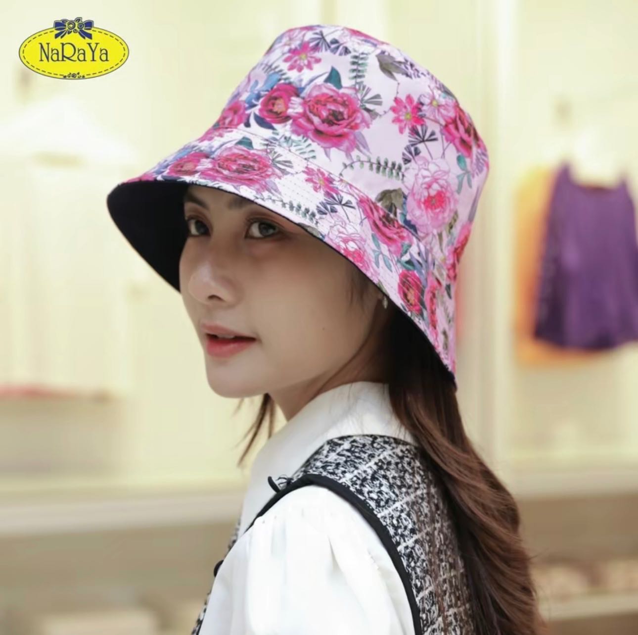 หมวกบักเก็ตลายดอกไม้ NaRaYa Lady's Hat Rose Delight