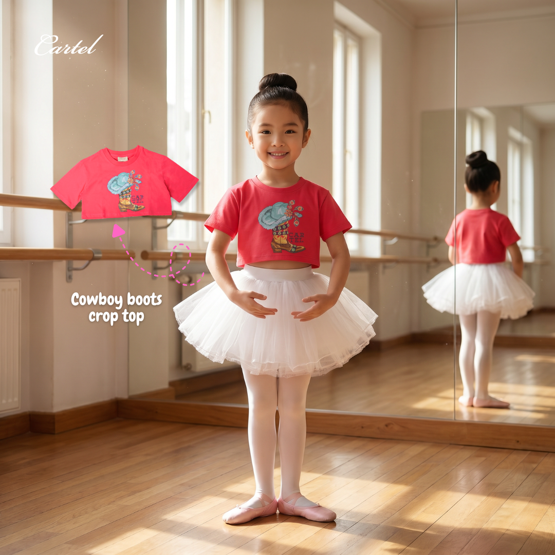 (CV) Cowboy Boots Crop Top เสื้อยืดครอปท็อปเด็กสีชมพูลายบู๊ทคาวบอย Cartelkids