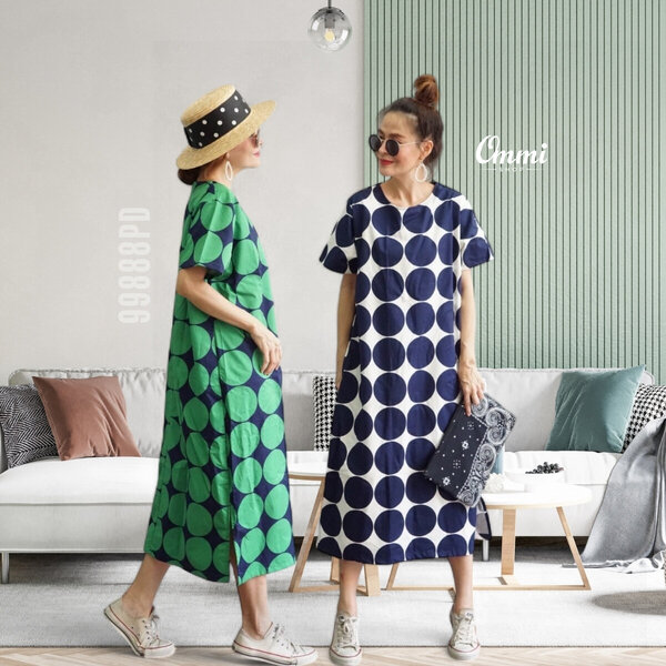 Ommishop 99888PD ชุดเดรสแฟชั่น คอกลม ผ่าด้านข้าง ลายโปกาดอทใหญ่ Cotton Japan 100% (Bonus)[99888]