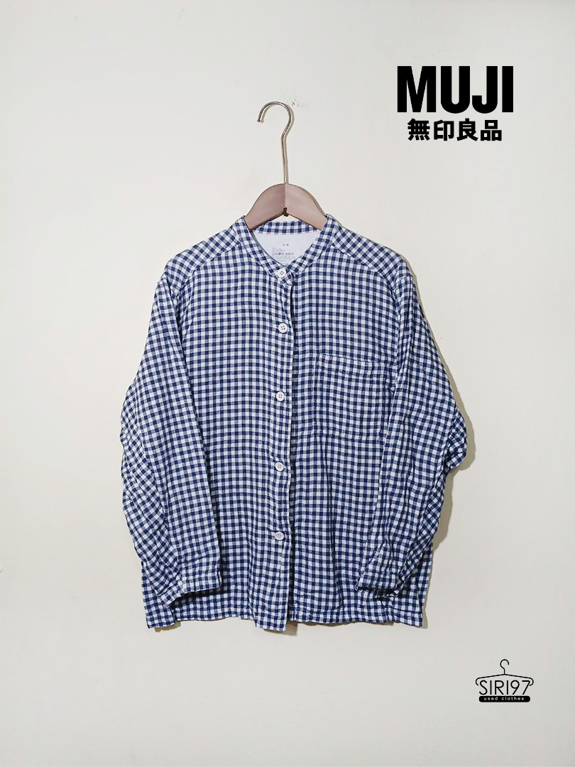เสื้อเชิ้ตคอจีนแขนยาว MUJI ลายตาราง สีดำขาว สภาพ85%