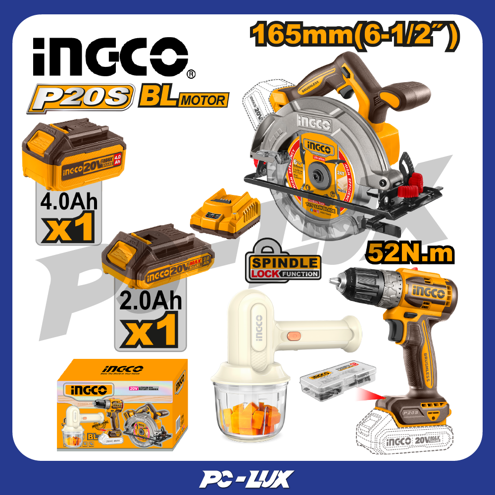 INGCO Combo Set เลื่อยวงเดือน 6 นิ้ว + สว่านไร้สาย 52Nm + เครื่องตีผสมอาหาร COSLI240583