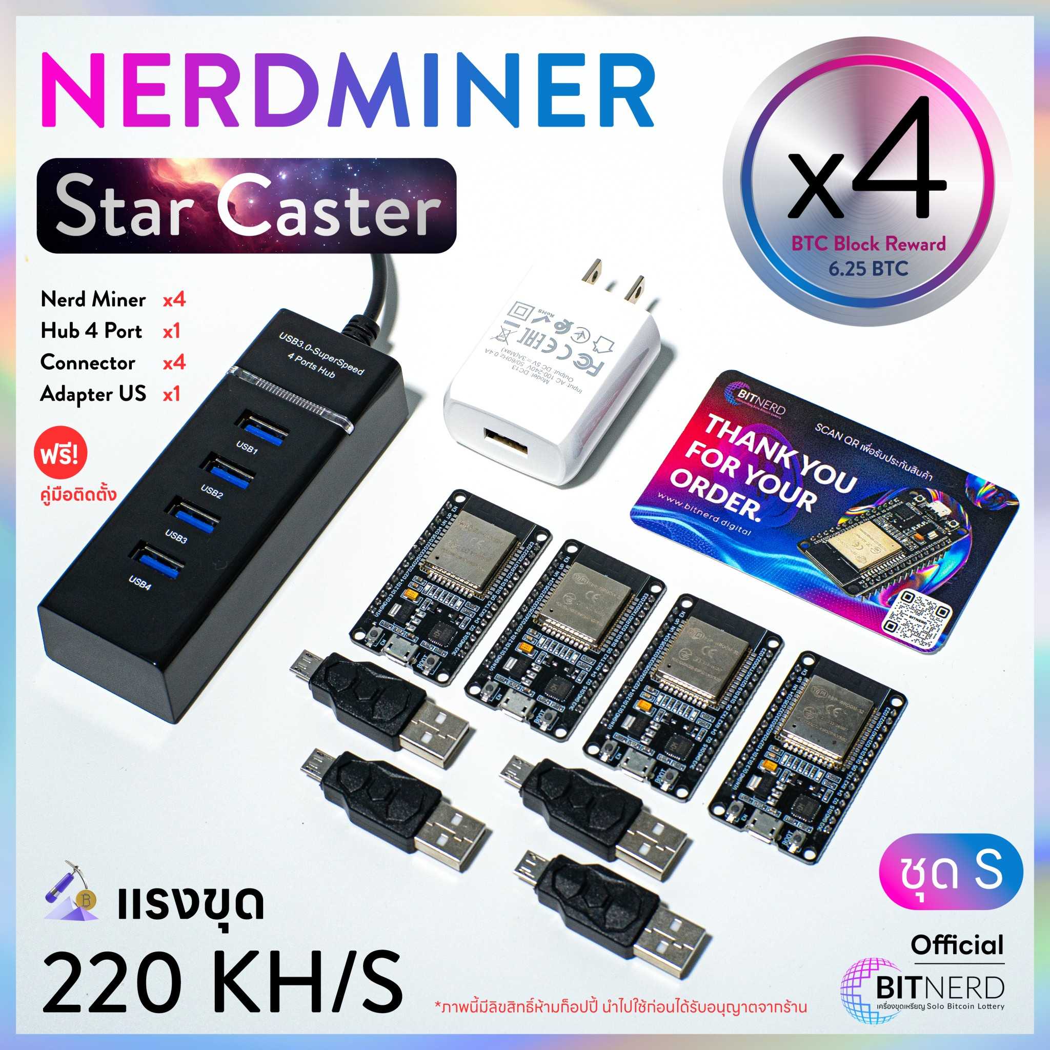 Nerd Miner ชุด S x4 ใบ เครื่องขุดเหรียญ Bitcoin WiFi v.2024 แรงขุด 220 kh/s กินไฟต่ำ BTC Lottery