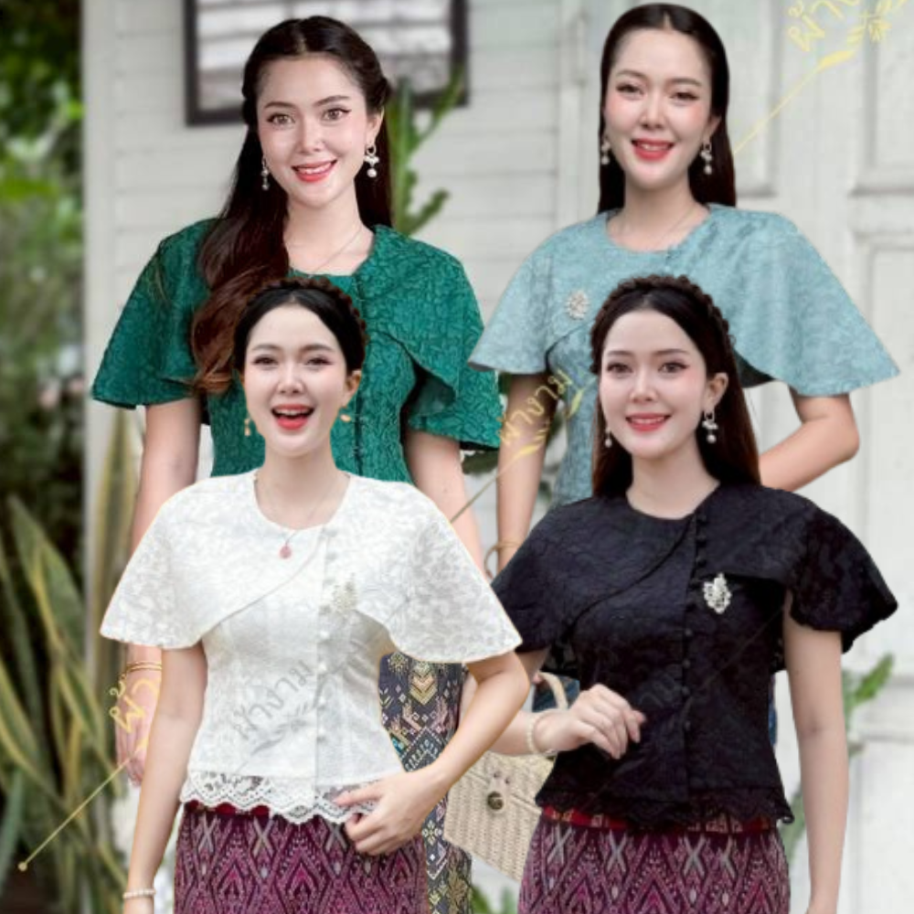 เสื้อลูกไม้ ลุคคุณนาย คอกลม แขนปีกผีเสื้อ งานเข้ารูปเข้าทรง ใส่ไปทำบุญ สวย ไฮโซมาก