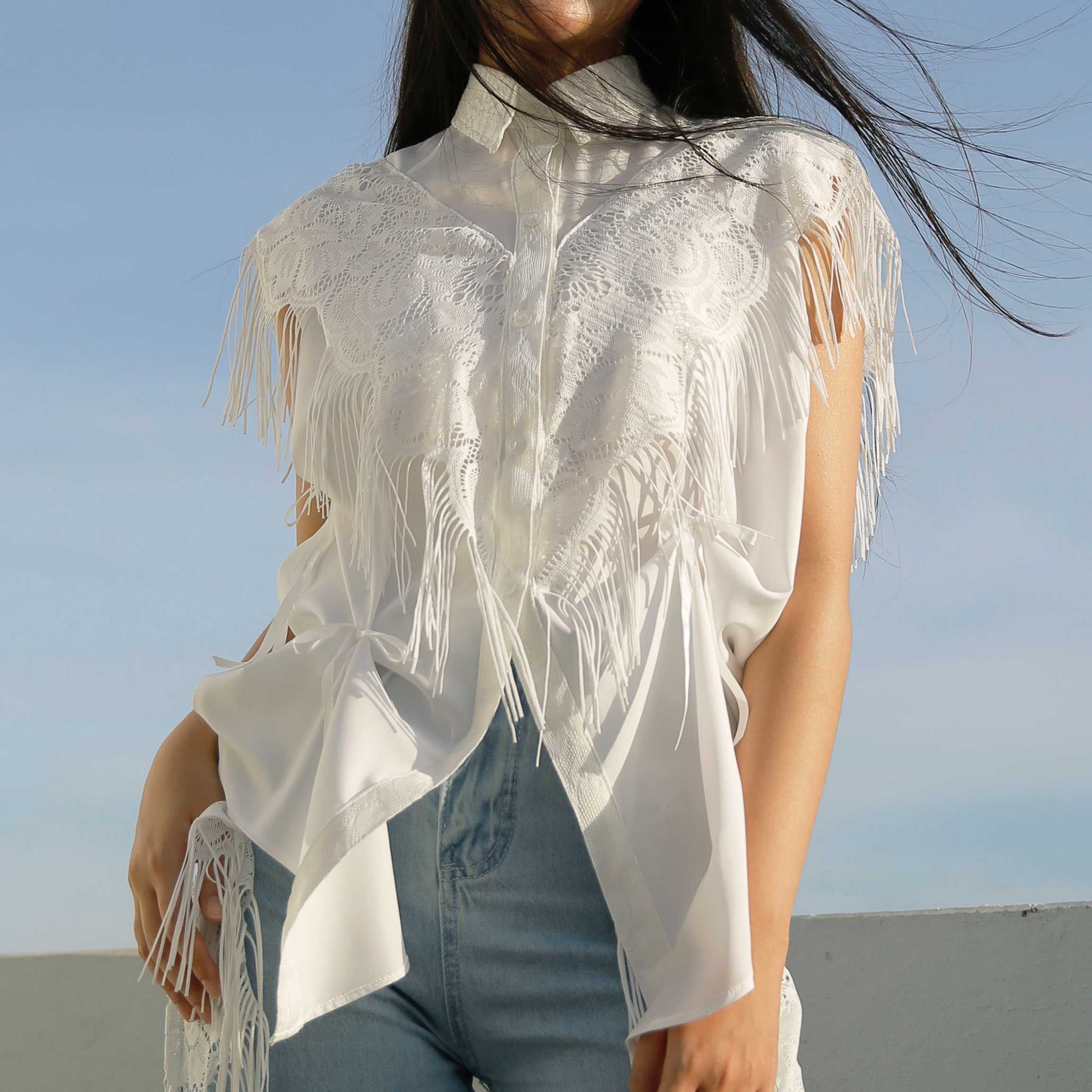 Rotsaniyom White Lace & Fringe Shirt