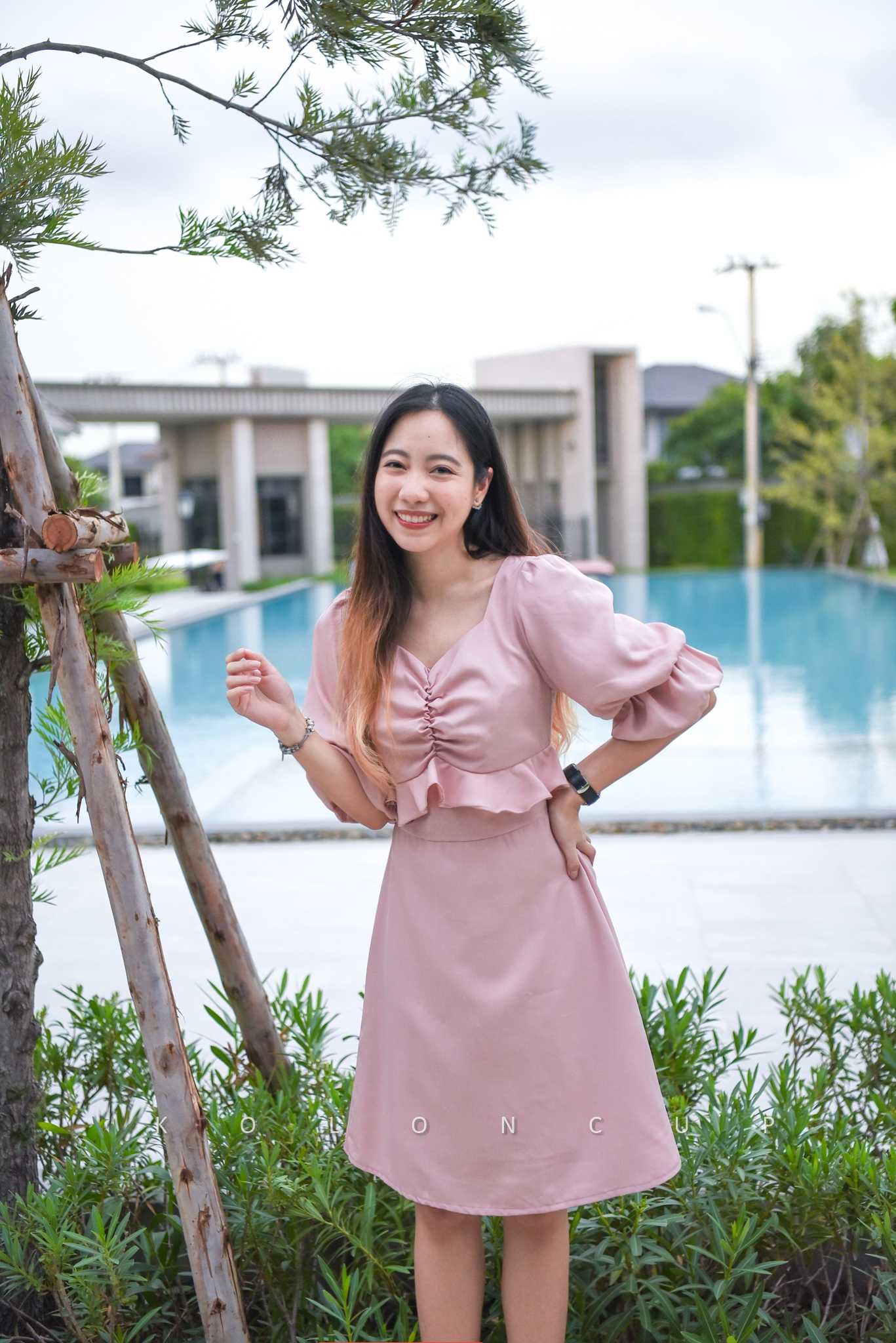 KolonCup ชุดเดรสชมพูแขนพอง ชุดใส่ทำงาน ชุดเดรสออกงาน  KL3086