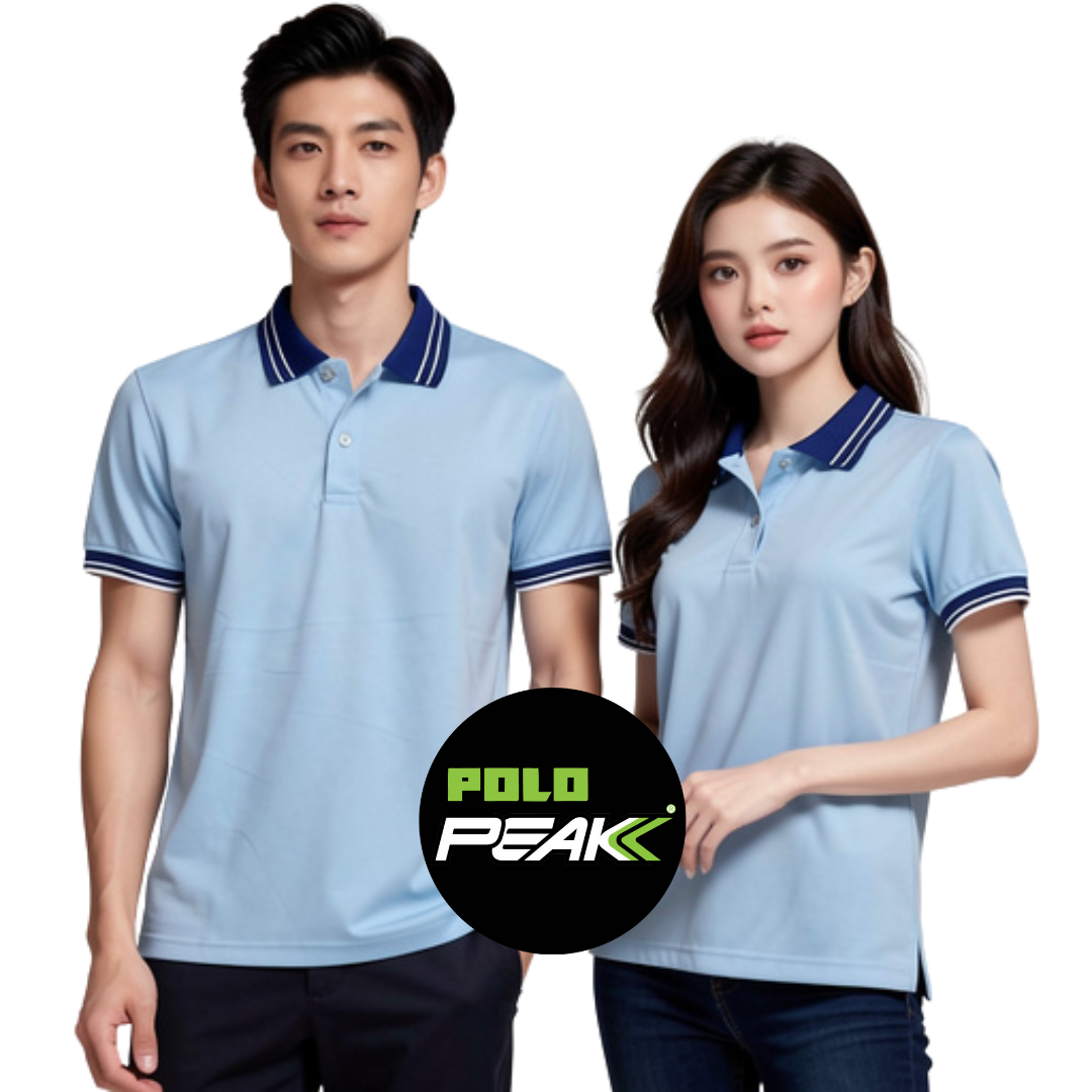 เสื้อโปโลสีฟ้าอ่อน ปกน้ำเงินริ้วขาว 2 เส้น