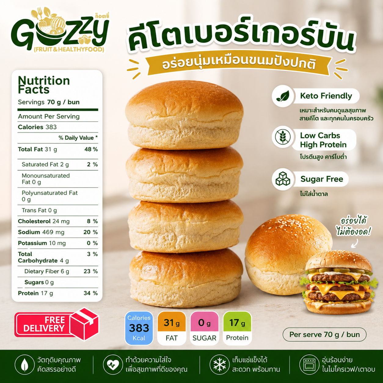 ขนมปังบัน คีโต 1 แพค 3 ลูก ไร้แป้ง ไร้น้ำตาล