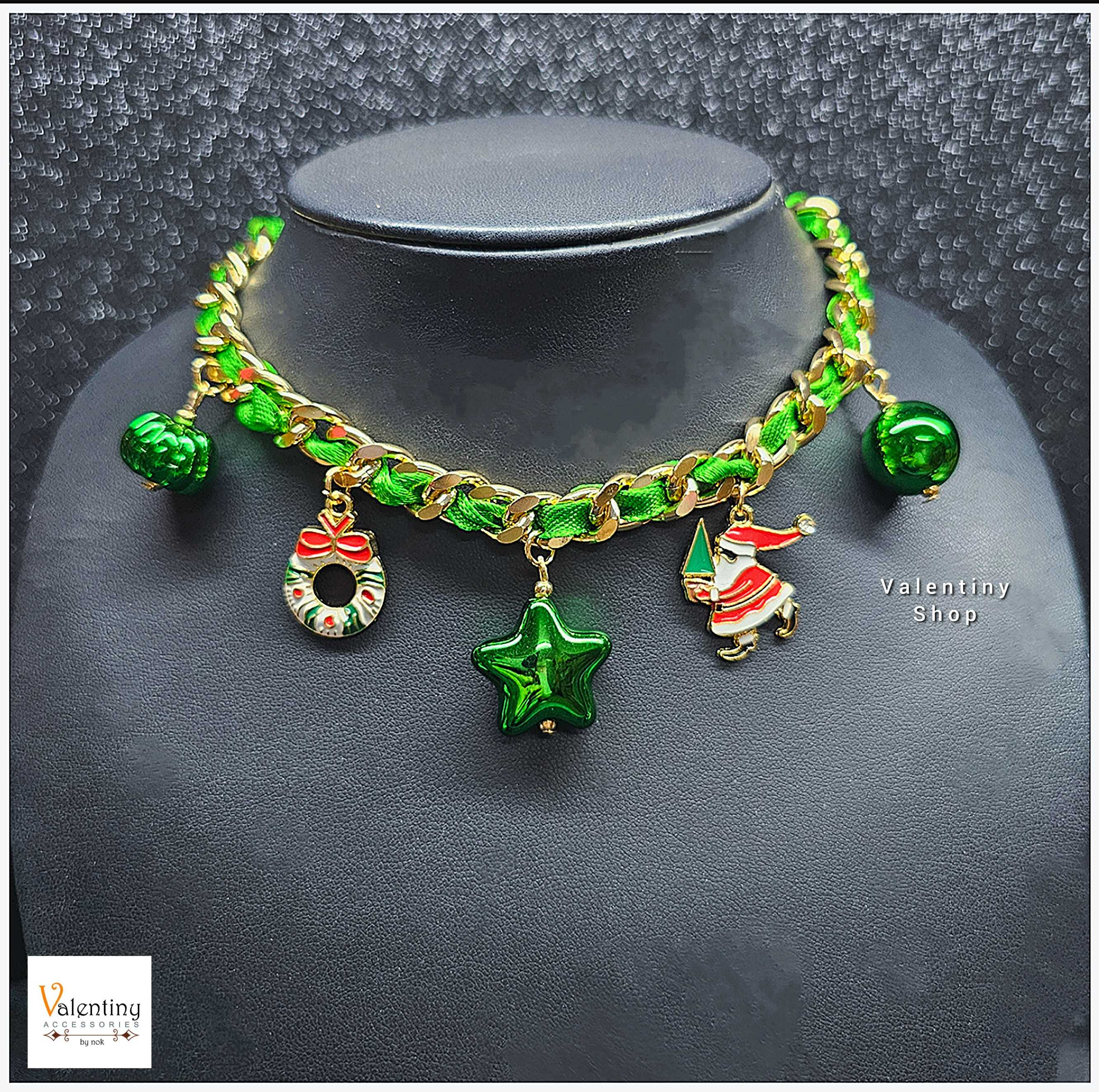 ERN098 สร้อยข้อมือ คอลเล็กชั่นคริสต์มาส งานสร้อยเลสสีทองพันผ้าริบบิ้นสีเขียวห้อยจี้คริสต์มาสน่ารัก