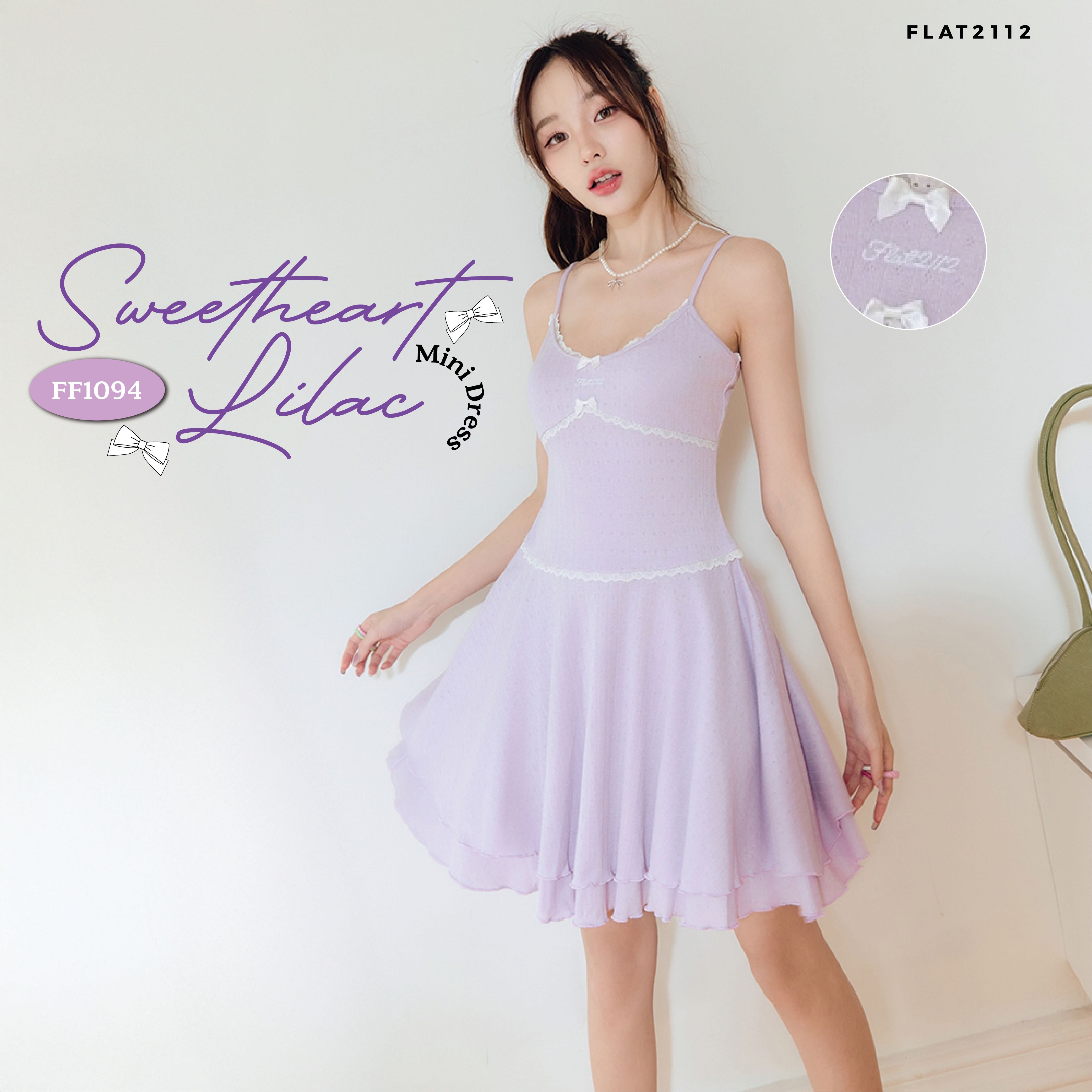 FLAT2112 FF1094 : SWEETHEART LILAC MINI DRESS มินิเดรสสั้น สายเดี่ยว เเขนกุด ชุดแฟชั่นผู้หญิง