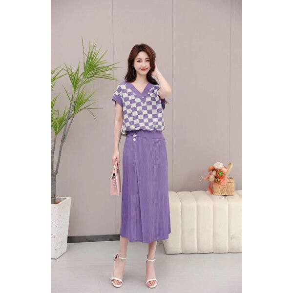 2MUAY รุ่น PP7608T/PP7608S เซ็ตพลีทคุณภาพ V NECK CHECKERED PRINT PLEAT SET 3สี FREE SIZE