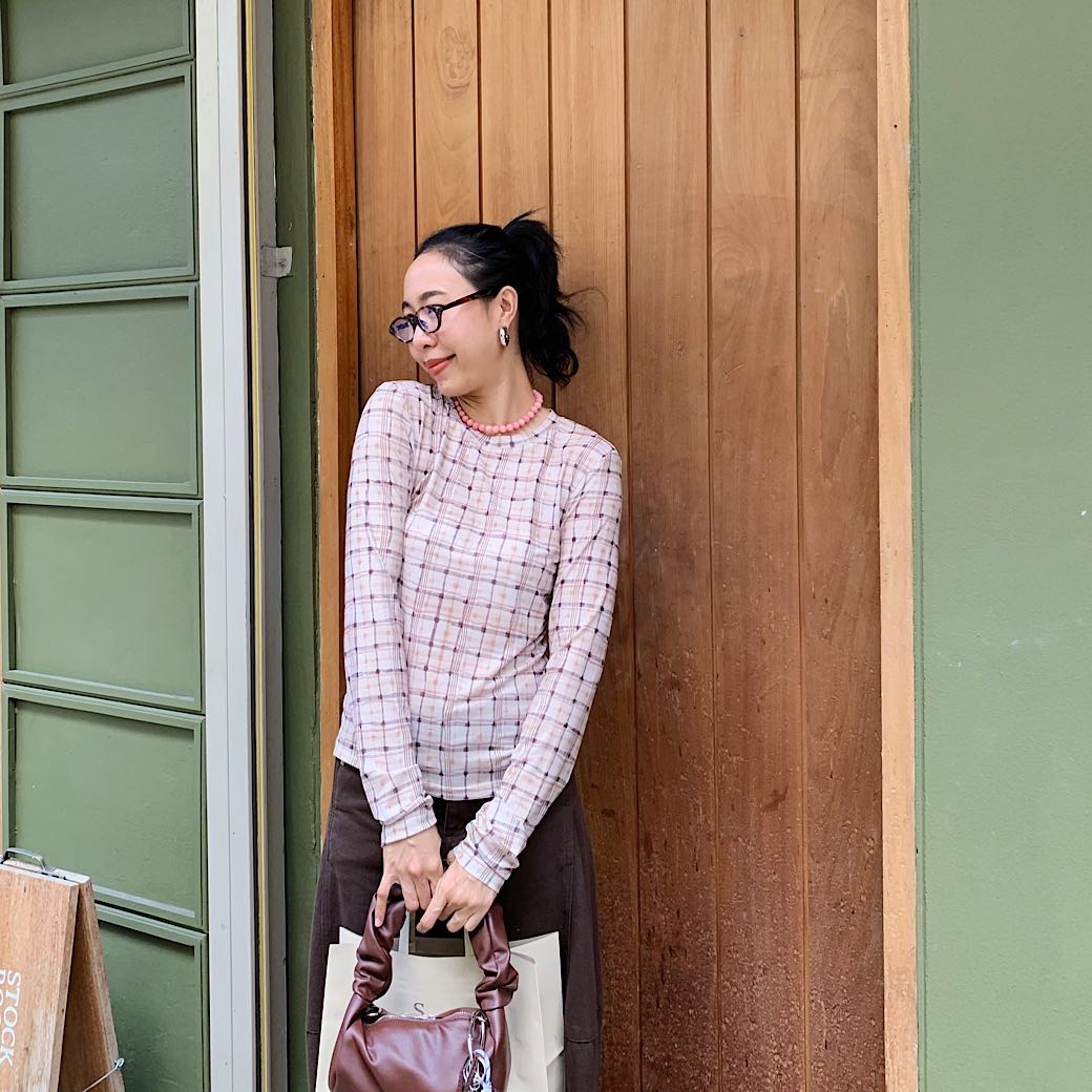 Checked mesh long sleeve tops