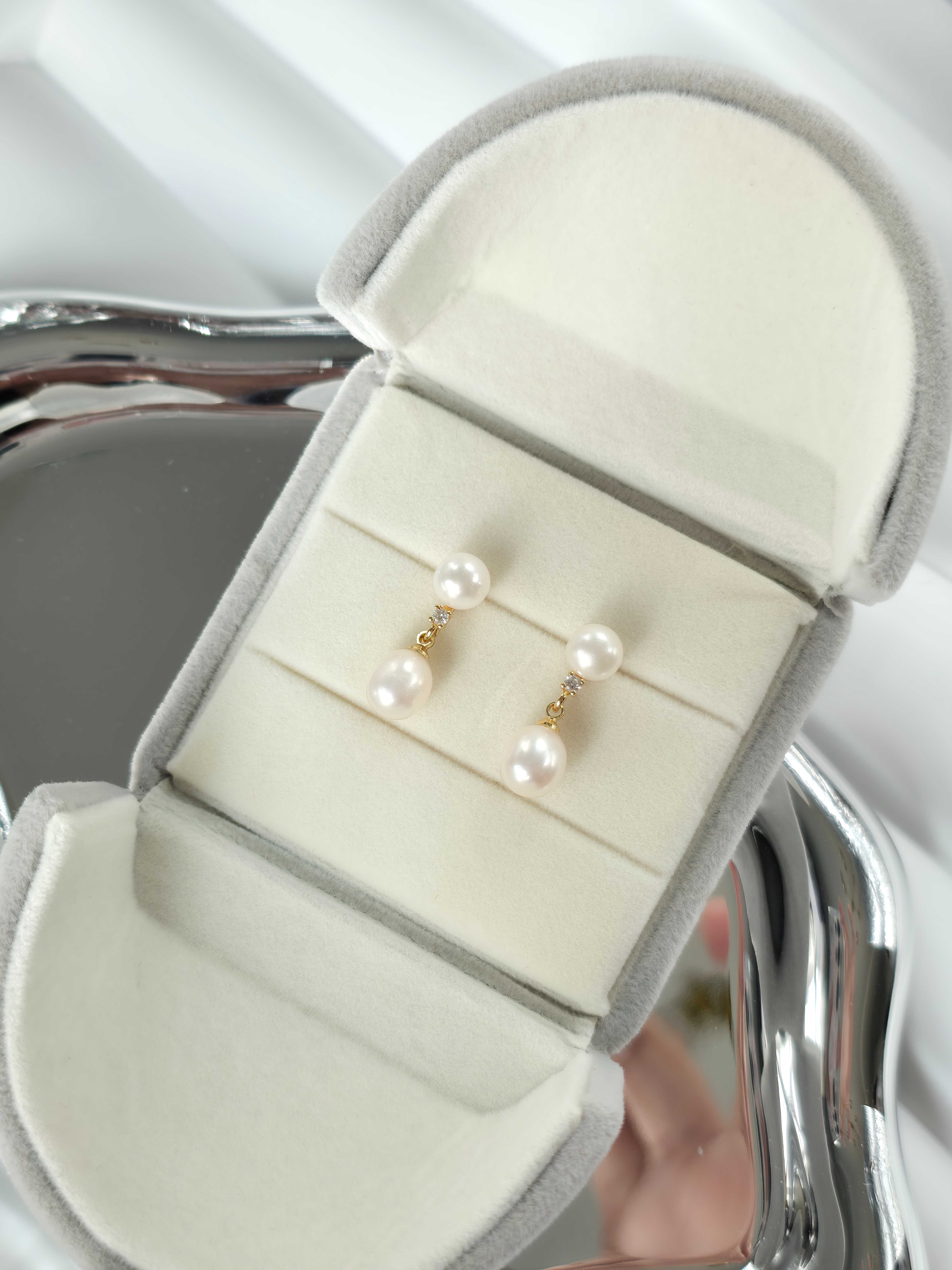 A03 ต่างหูไข่มุกแท้ มุกแท้2เม็ด รุ่น Double Drop | Freshwater Pearl ตัวเรือนเงินแท้S925 ชุปทอง 18k