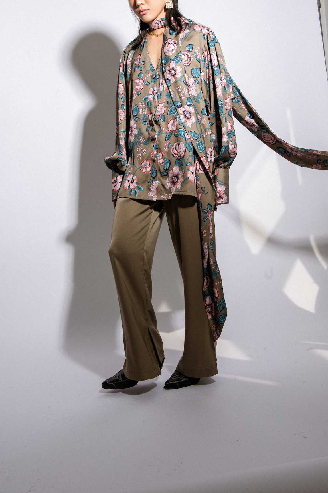 Satin Tied Shirt - Green Floral