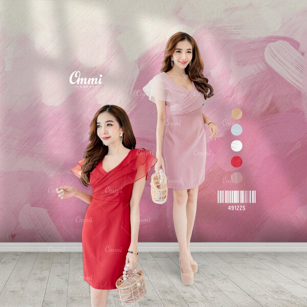 Ommishop ชุดราตรีสั้น 4912ZS แต่งระบายผ้าแก้ว เดรสสั้น เดรสออกงาน ชุดงานแต่ง เพื่อนเจ้าสาว - Irich
