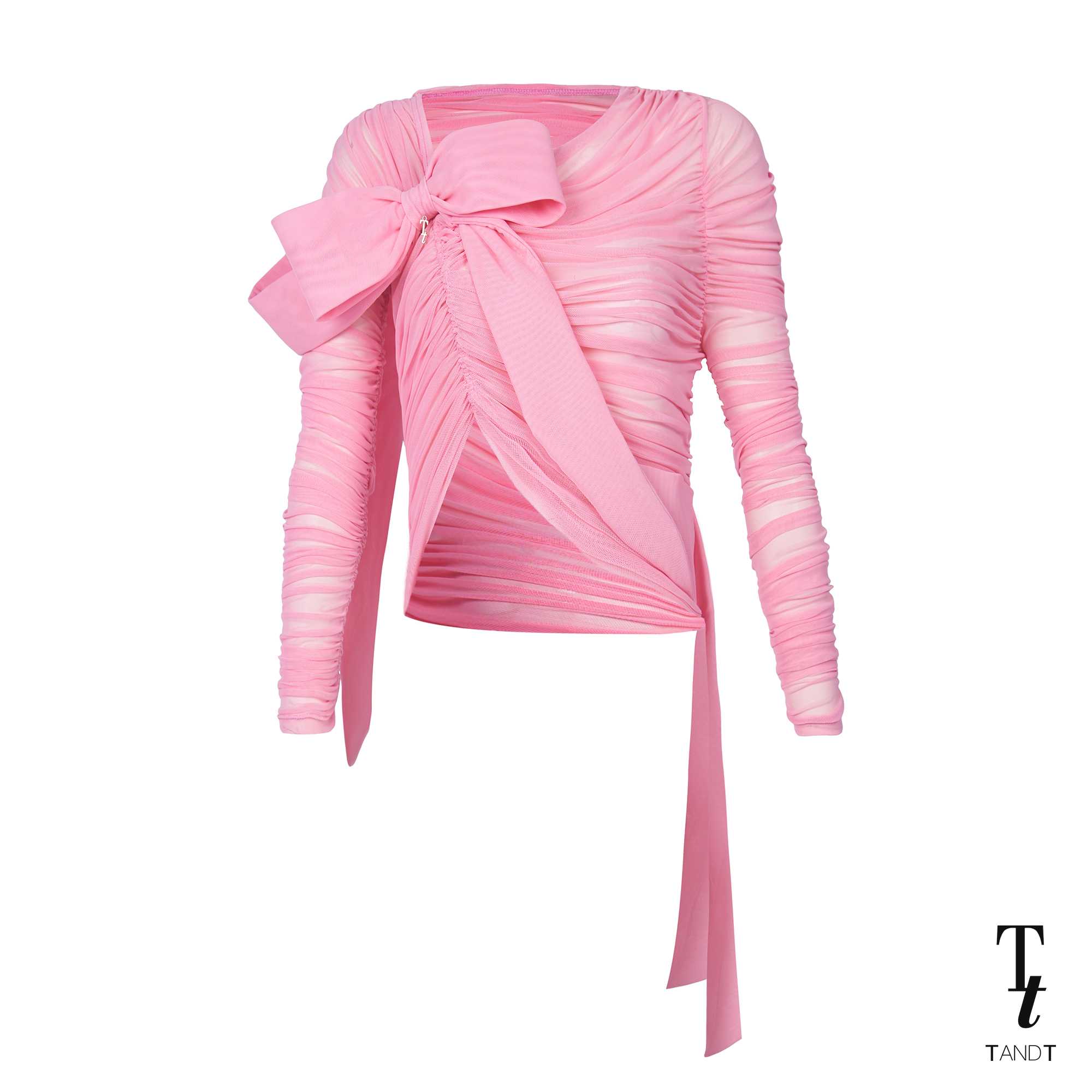 BRI PINK - RUCHED BOW TRIMMED LONG SLEEVE TULLE TOP