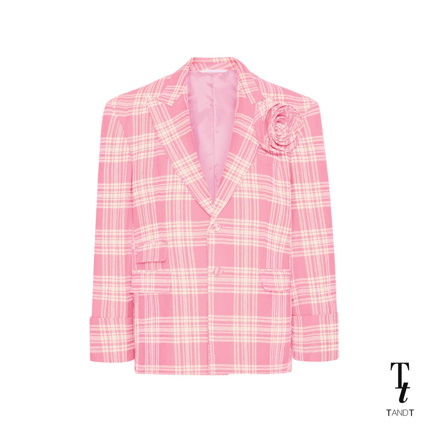 TandT - SHERMAN PINK BLAZER - ROSE HAND-CRAFTED PIN SHOULDER PADD CHECKED OVERSIZE BLAZER