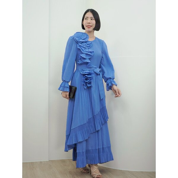 2MUAY รุ่น GA92016 ผ้าMatte เดรสอัดพลีท DRAPED RAFFLE LAYER PLEATED DRESS 7 สี FREE SIZE