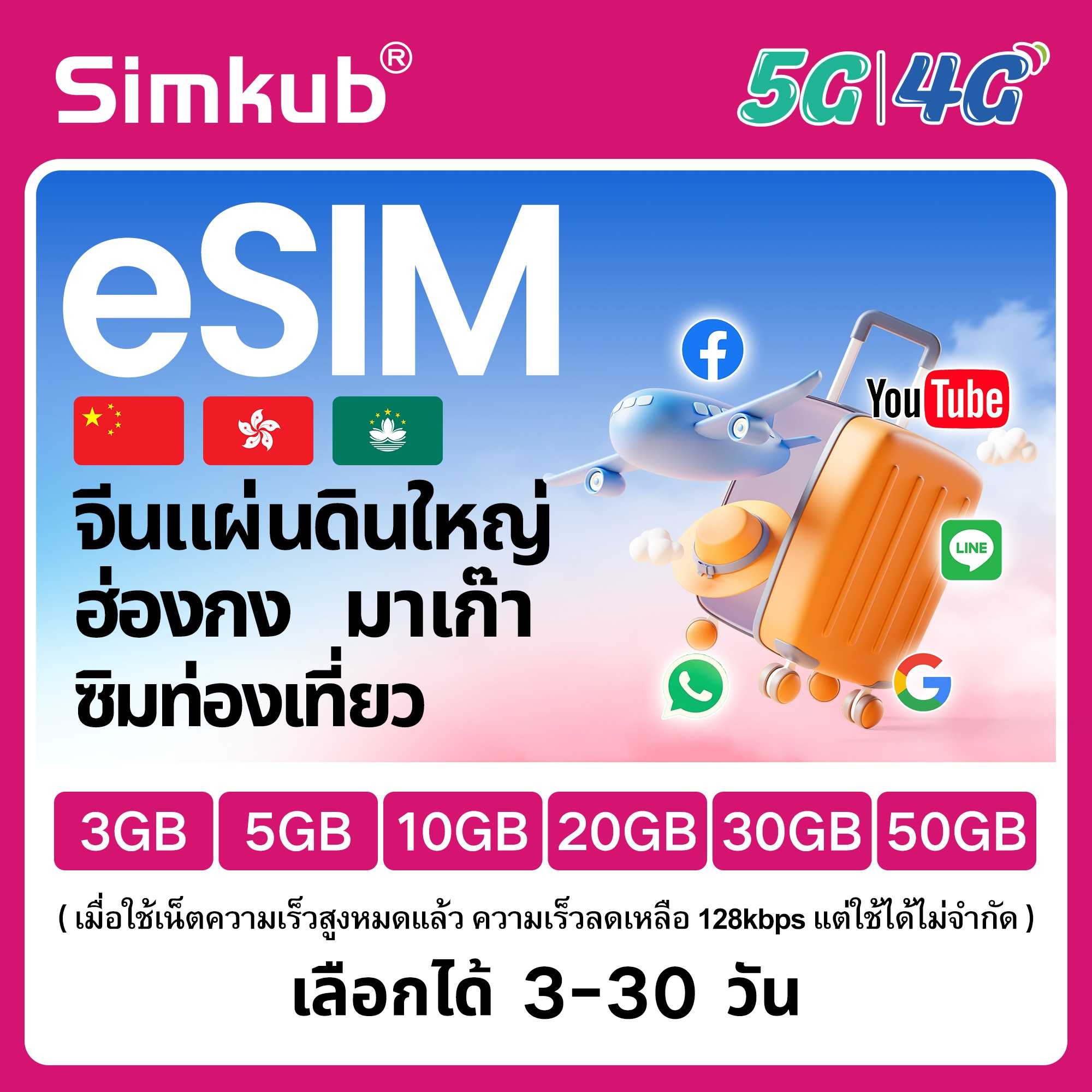 eSIM China&Hong Kong&Macau ใช้ร่วมกัน 3 แห่ง ซิมท่องเที่ยว เน็ต 3-50GB รองรับ 5G/4G