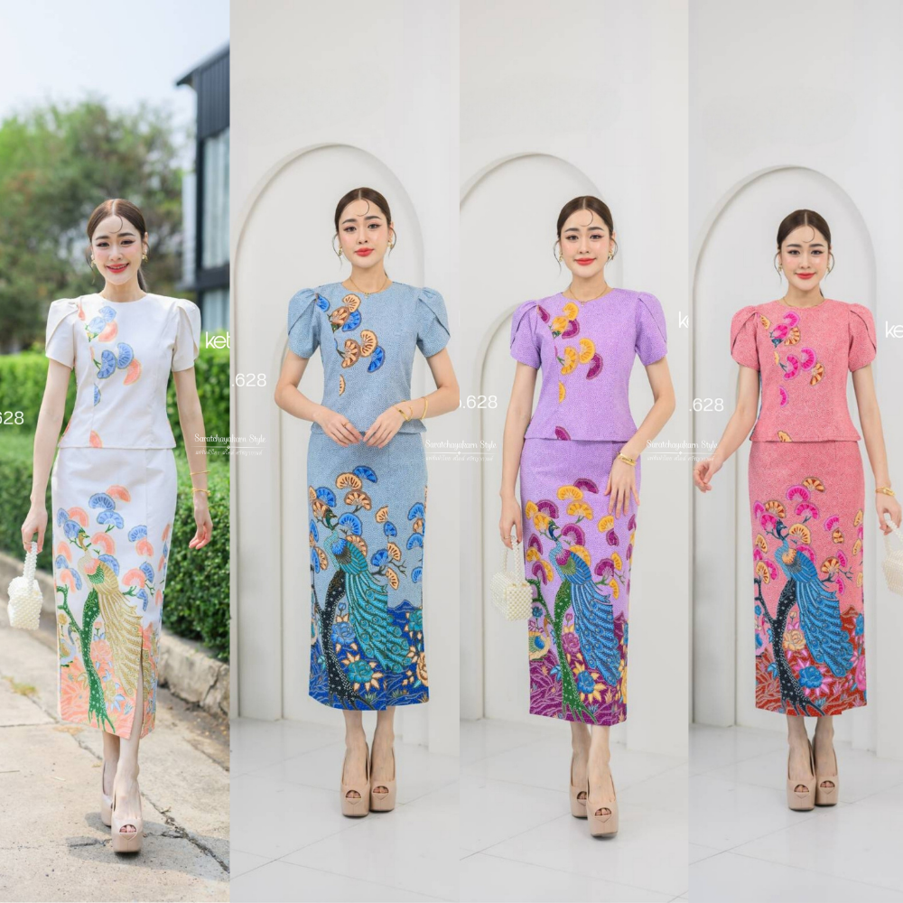 ชุดเซ็ทผ้า cotton พิมพ์ลายปาเต๊ะ  นกยูง งานเสื้อแขนกลีบบัว ผ้าถุงสำเร็จ ผ่าหน้า ซิปข้าง อัดกาว