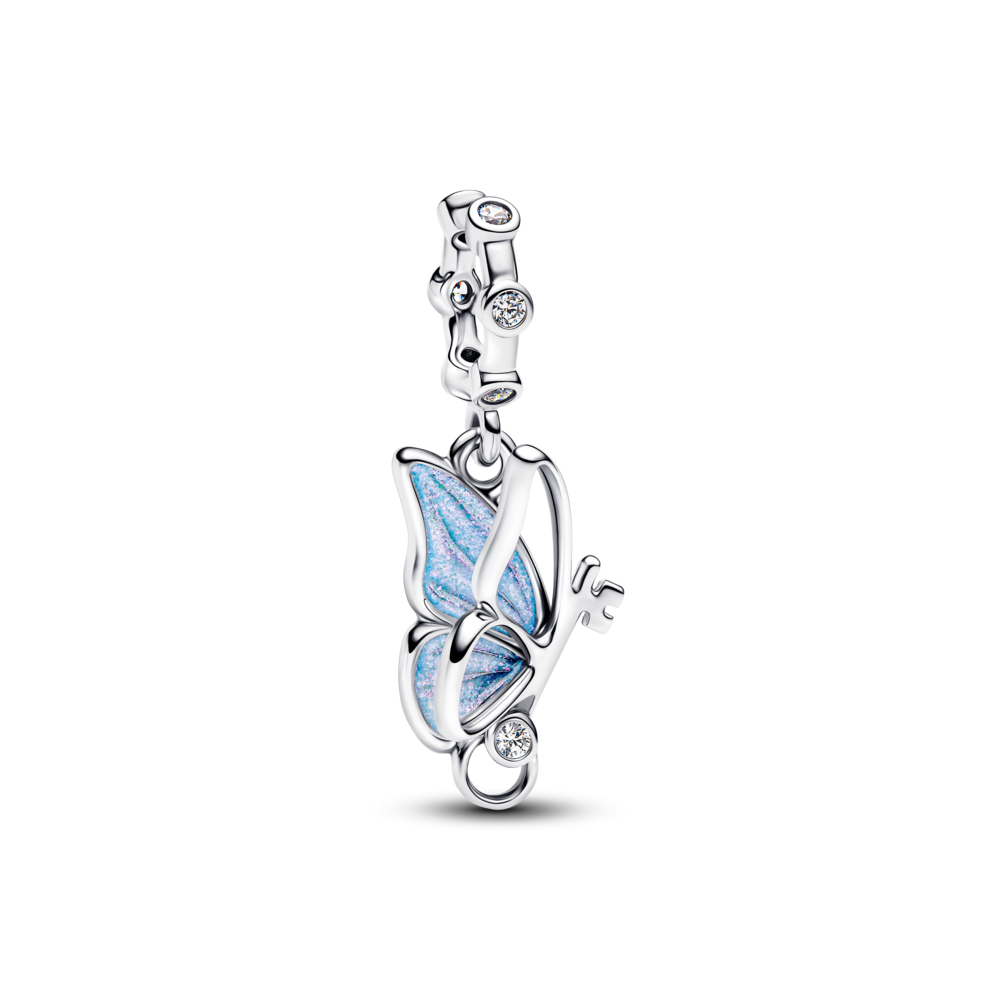 Butterfly sterling silver dangle with clear cubic zirconia and shimmering enamel