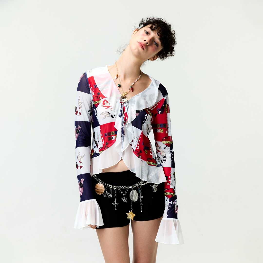 BLACKDOG BKK - SS2521 - Worlds end ruffle shirt  - เสื้อระบายผ้าตาข่ายยืดซีทรูพิมพ์ลาย