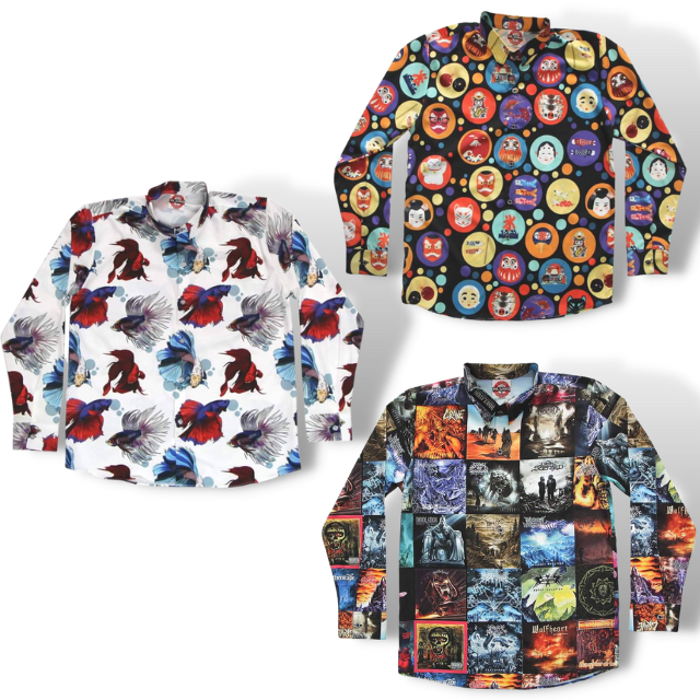เสื้อเชิ้ตแขนยาวปกเชิ้ตลายแฟชั่น ผ้าPremium Grade ต่อลายเป๊ะพิมพ์เต็มหน้าหลัง ส่งฟรี