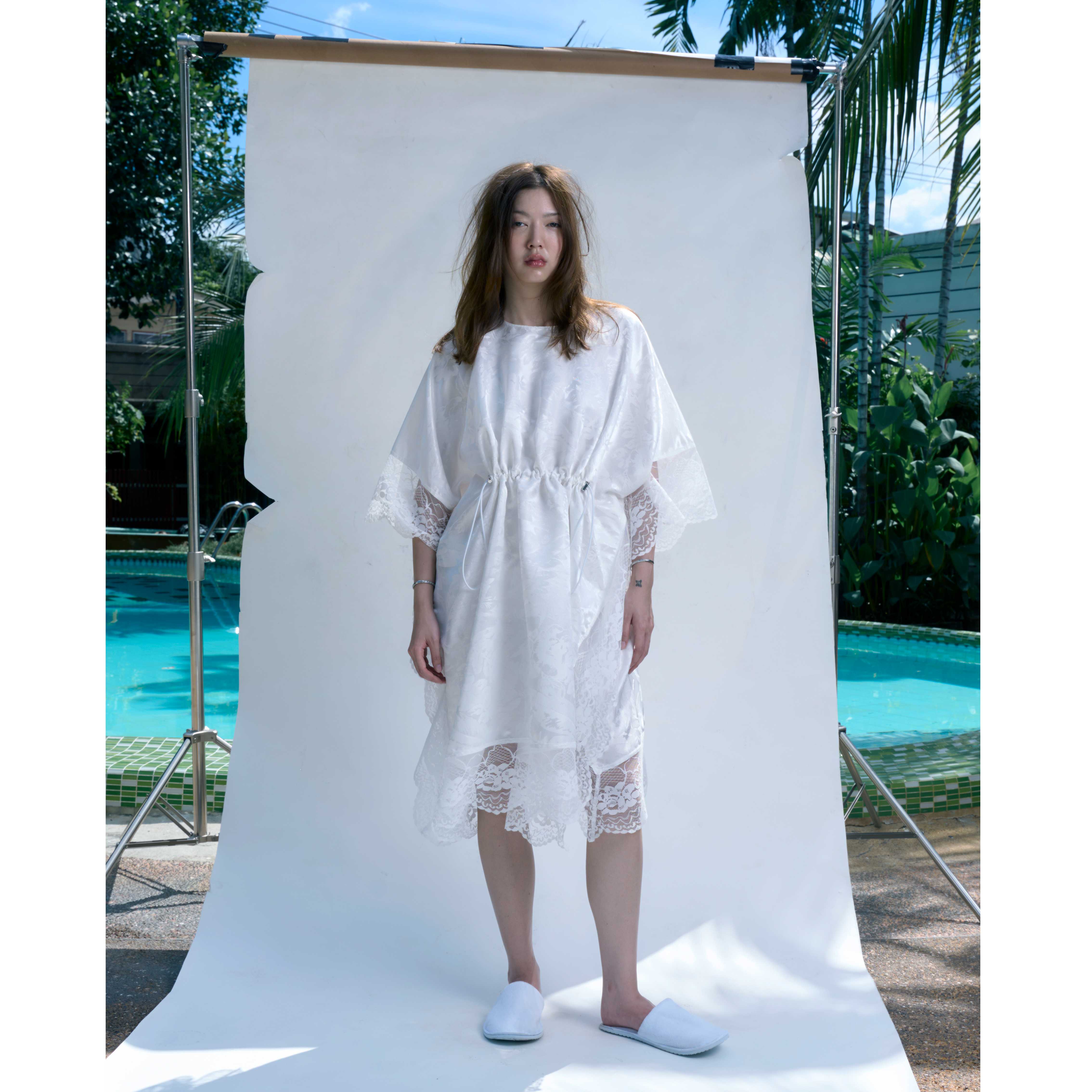 Rotsaniyom White Kaftan Dress with Lace Trim