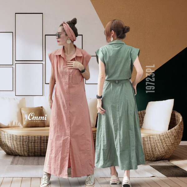 Ommishop 19723PL ชุดเดรสแฟชั่น ผ้าลินินผสมฝ้าย ปกเชิ้ต แขนล้ำ กระดุมผ่าหน้า (PUP)[19723]