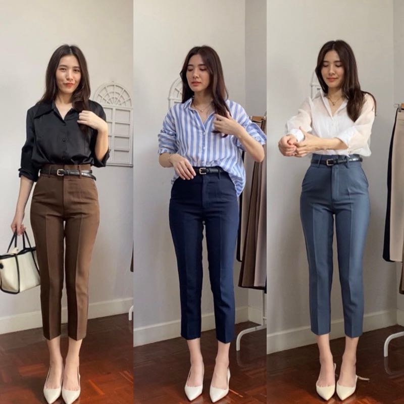 BY13 กางเกงขากระบอกเอวสูง  กิมมิคตะขอหน้าคู่ ขอบเอวกว้าง