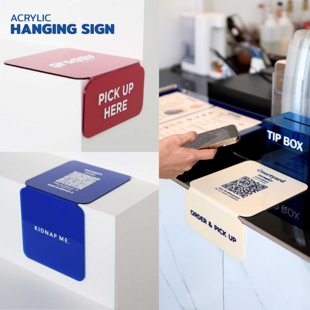 ACRYLIC HANGING SIGN | ป้ายอะคริลิค ติดโต๊ะ เคาท์เตอร์ Qr Code ป้ายรับของ pick up