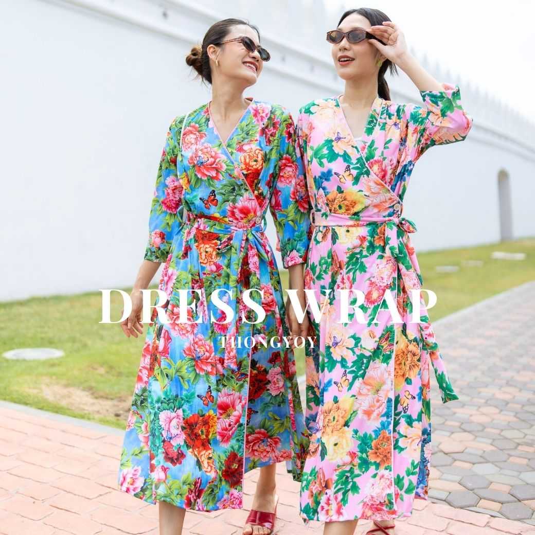 Dress wrap butterfly - ชุดเดรสผูกเอวทรงป้ายลายสวนผีเสื้อ
