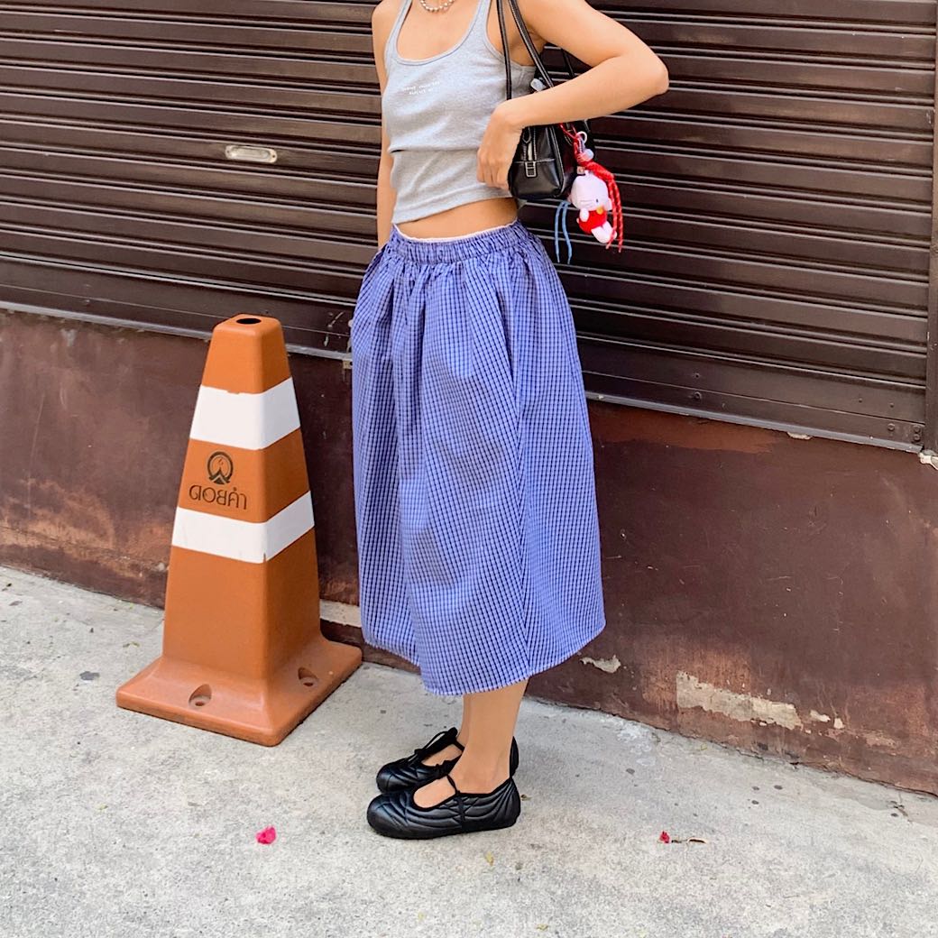 Blue plaid midi skirt
