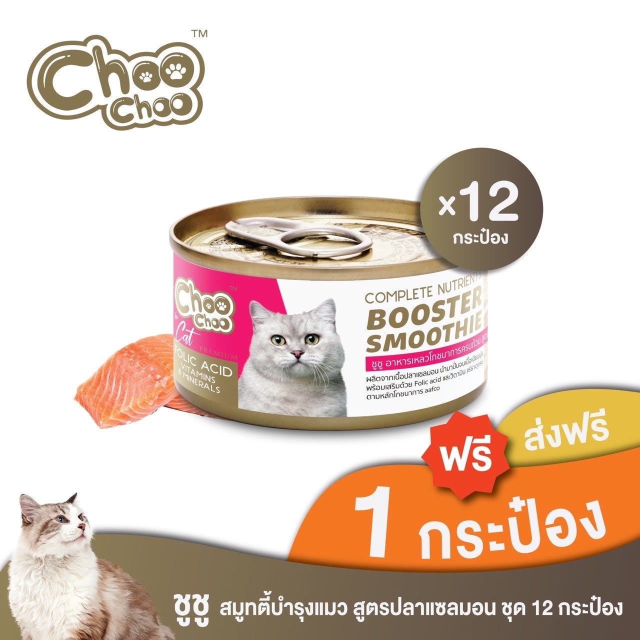 [ส่งฟรี+แถมฟรี 1 กป]ChooChoo ชูชู สมูทตี้ปลาแซลมอน สูตรบำรุงเลือด 12 กระป๋อง (80กรัมx12กระป๋อง)
