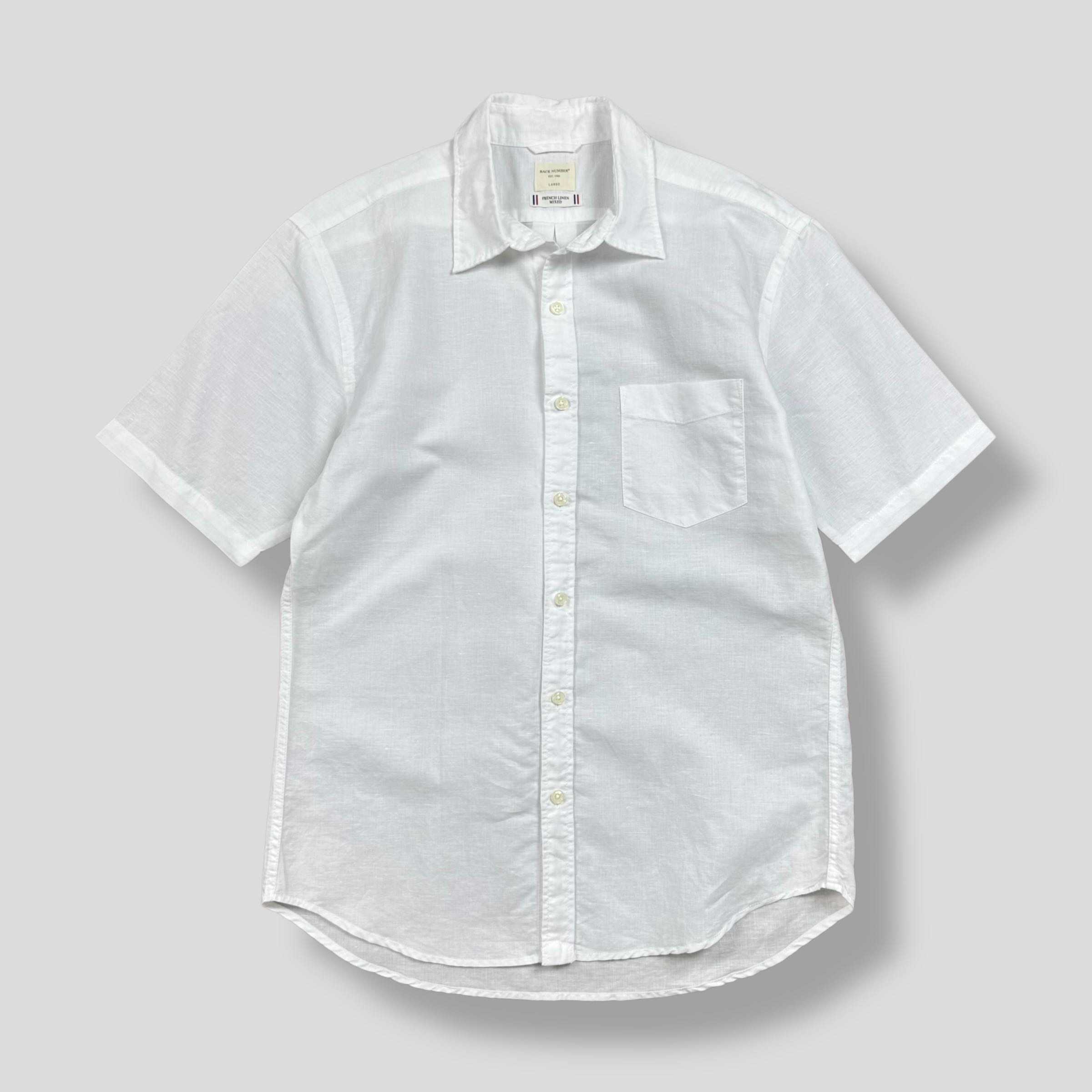 BACK NUMBER FRENCH LINEN BLEND SHORT SLEEVE POCKET SHIRT 