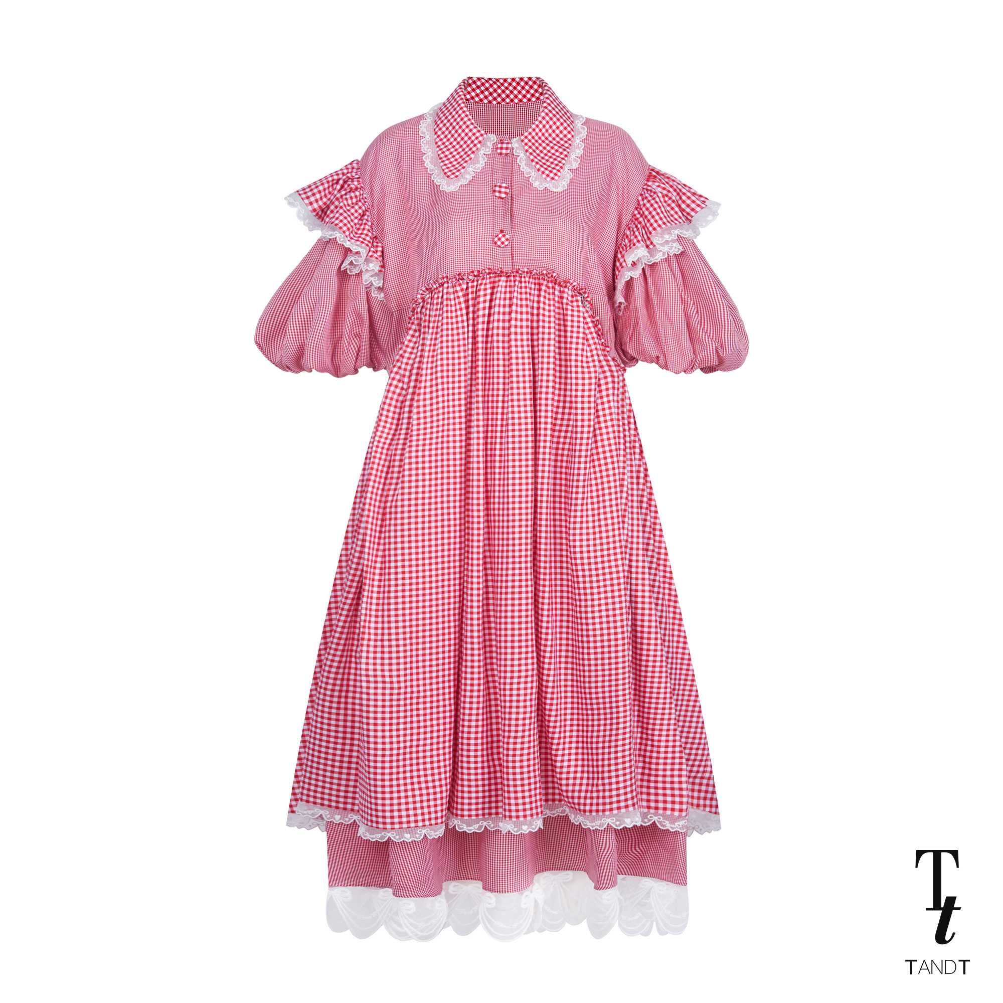 BELLABELL - GINGHAM PUFF SLEEVES LACE TRIMMED MIDI DRESS