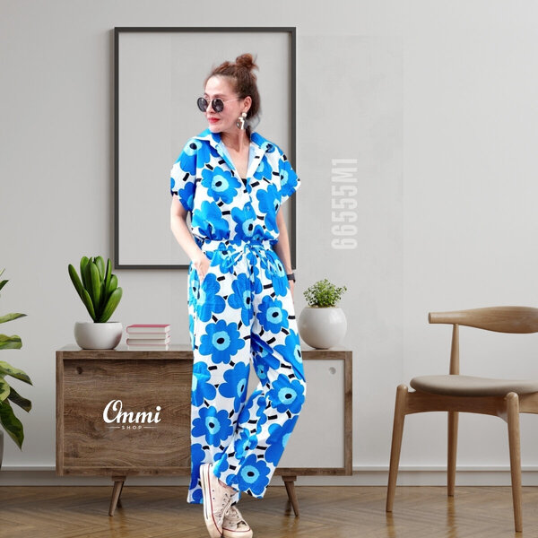 Ommishop 66555M1 ชุดเซ็ท เสื้อแขนสั้นคอปก และกางเกงขายาว ลายดอก Mari มารีเมกโกะ Cotton Japan 100%...