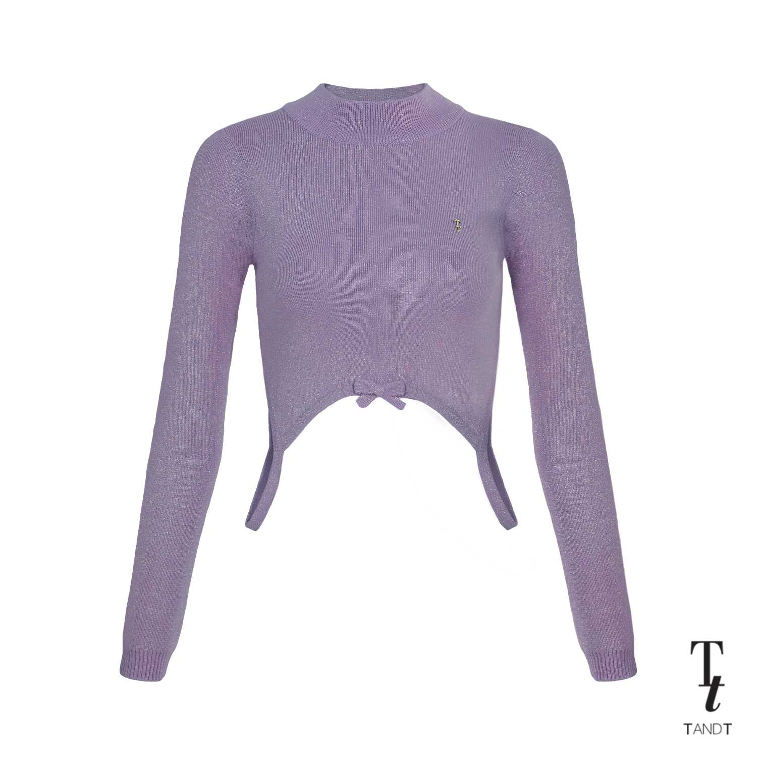 NINI LILAC - TURTLE NECK BOW TRIM CROP SWEATER