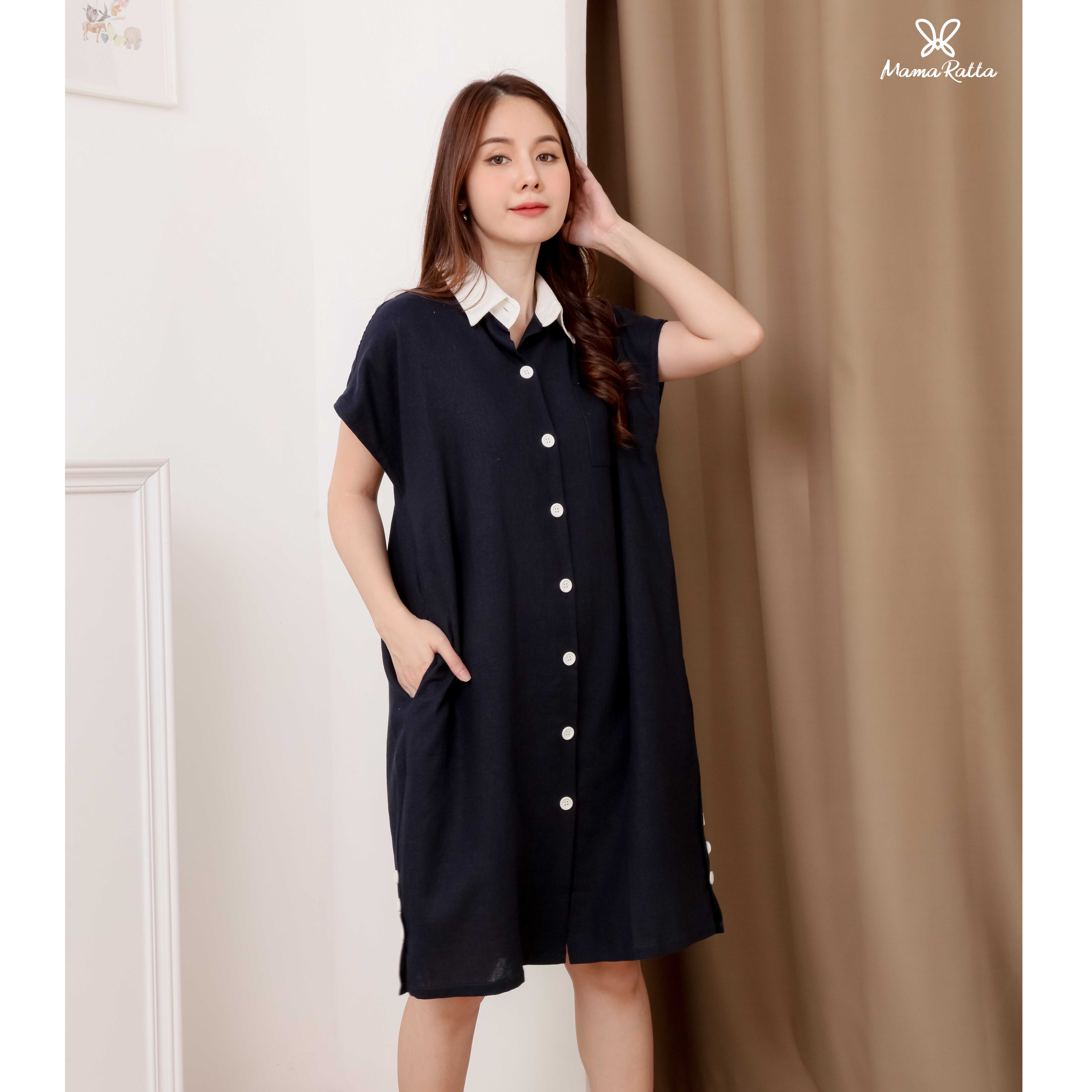 เดรสผ้าลินินสไตล์เรียบเก๋ใส่ง่ายใส่ได้ตลอด ผ้าใส่สบายไม่ร้อน ซับในทั้งชุด - สีกรม